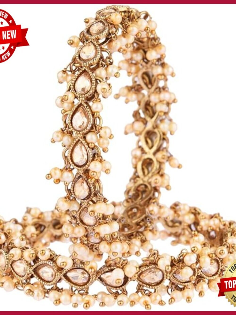 Indian Kundan Bangle Set Crystal Faux Pearl Bohemian Bridal Bracelet